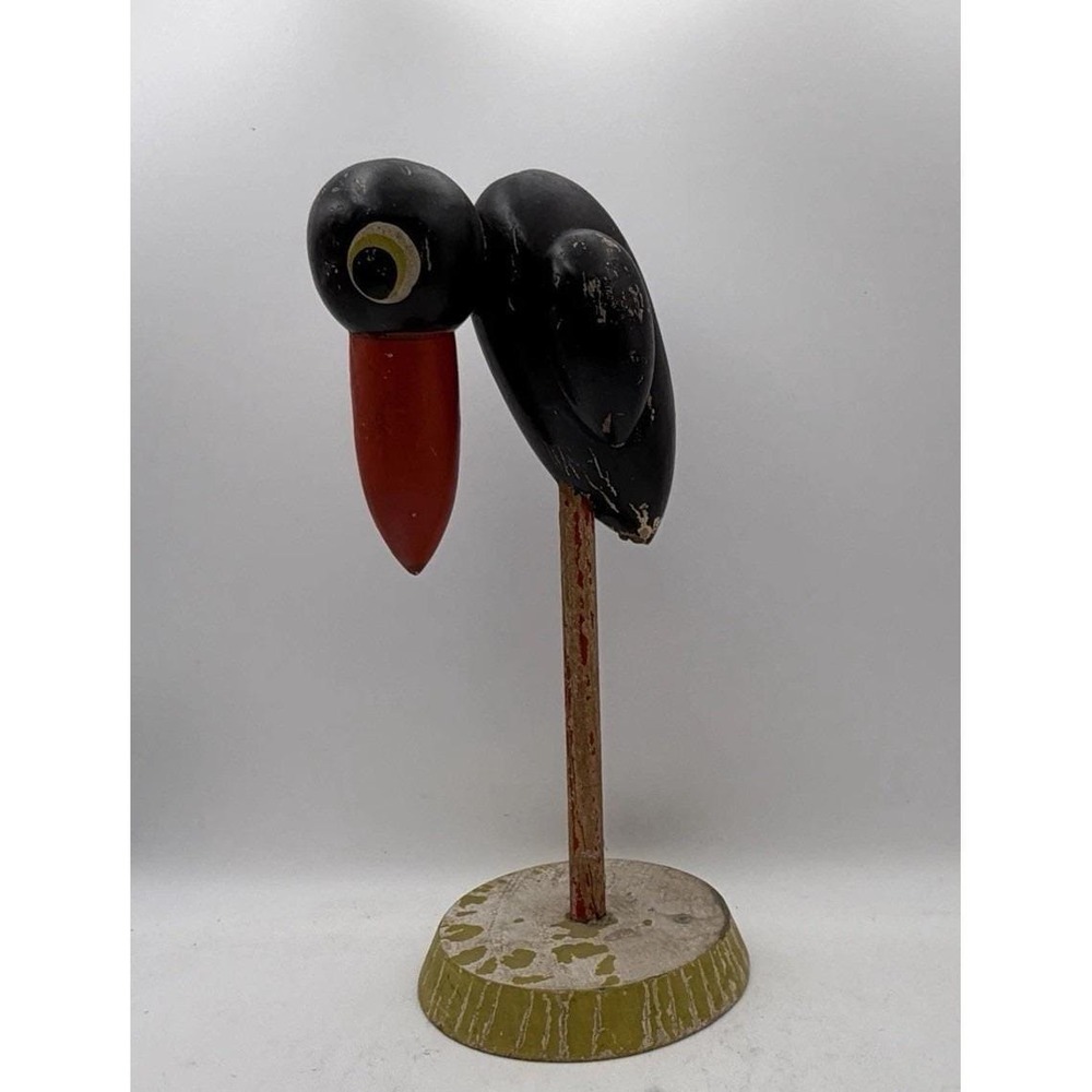 Vintage Folk Art Hand-Painted Wooden Bird on Stand Primitive Figurine Hat Stand